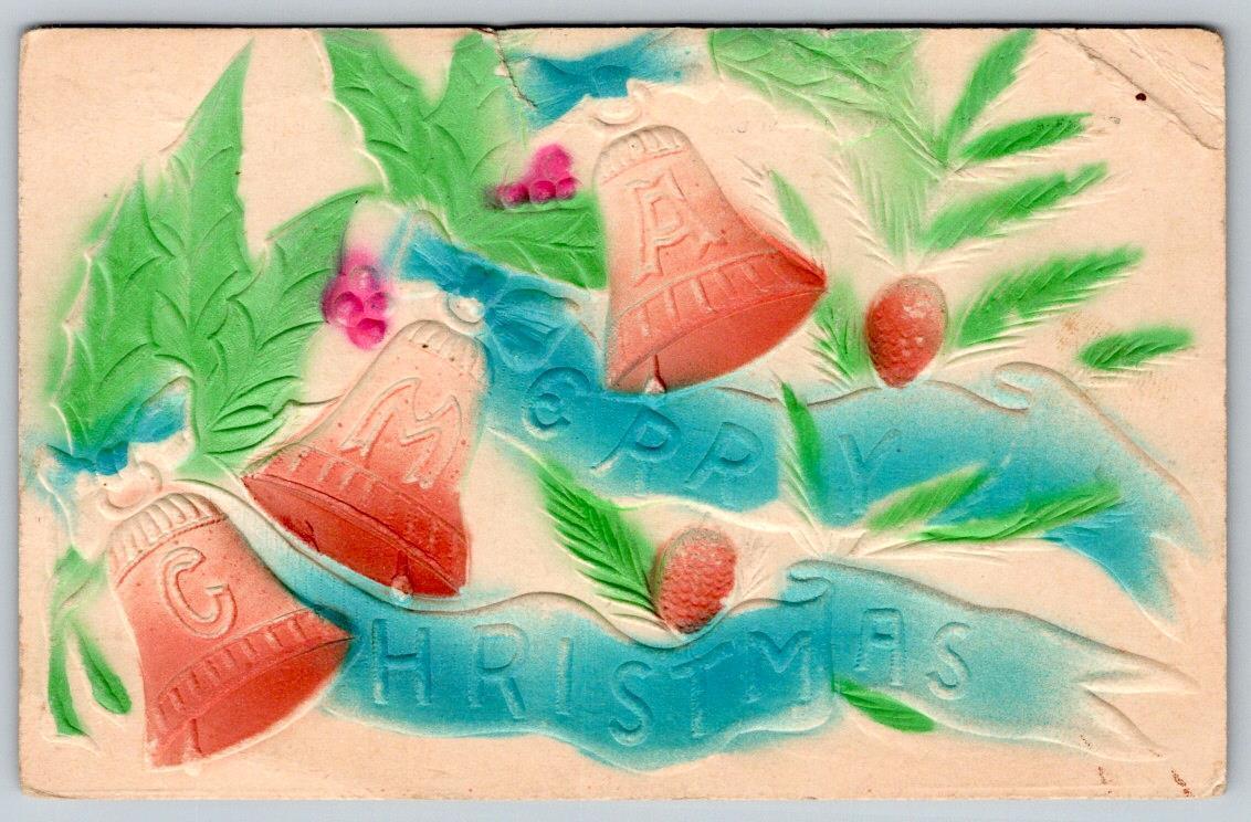 1908 A MERRY CHRISTMAS AIRBRUSHED EMBOSSED BELLS HOLLY RED BLUE GREEN POSTCARD