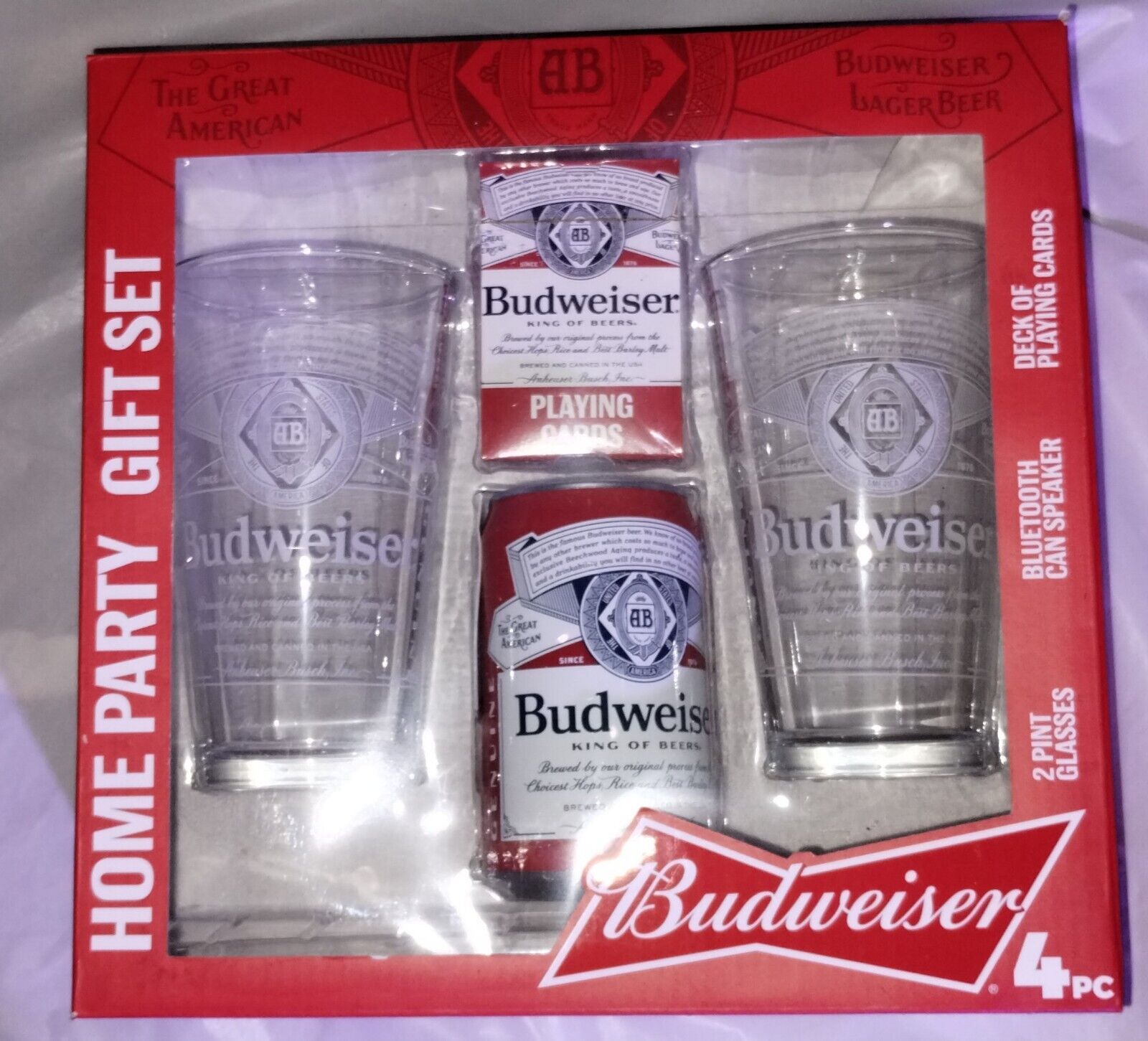 Budweiser Gift Set. NEW. Includes 2 Glasses Playing Cards & Bluetooth Speaker