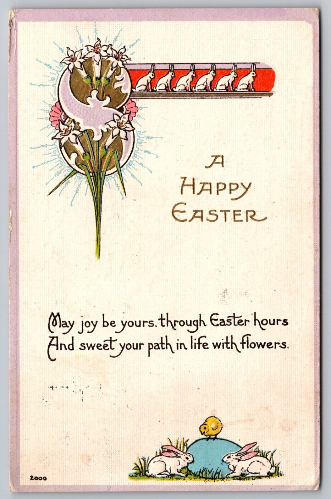 Postcard: A Happy Easter, Embossed, Gilt, #2000, S. Bergman, Posted 1915