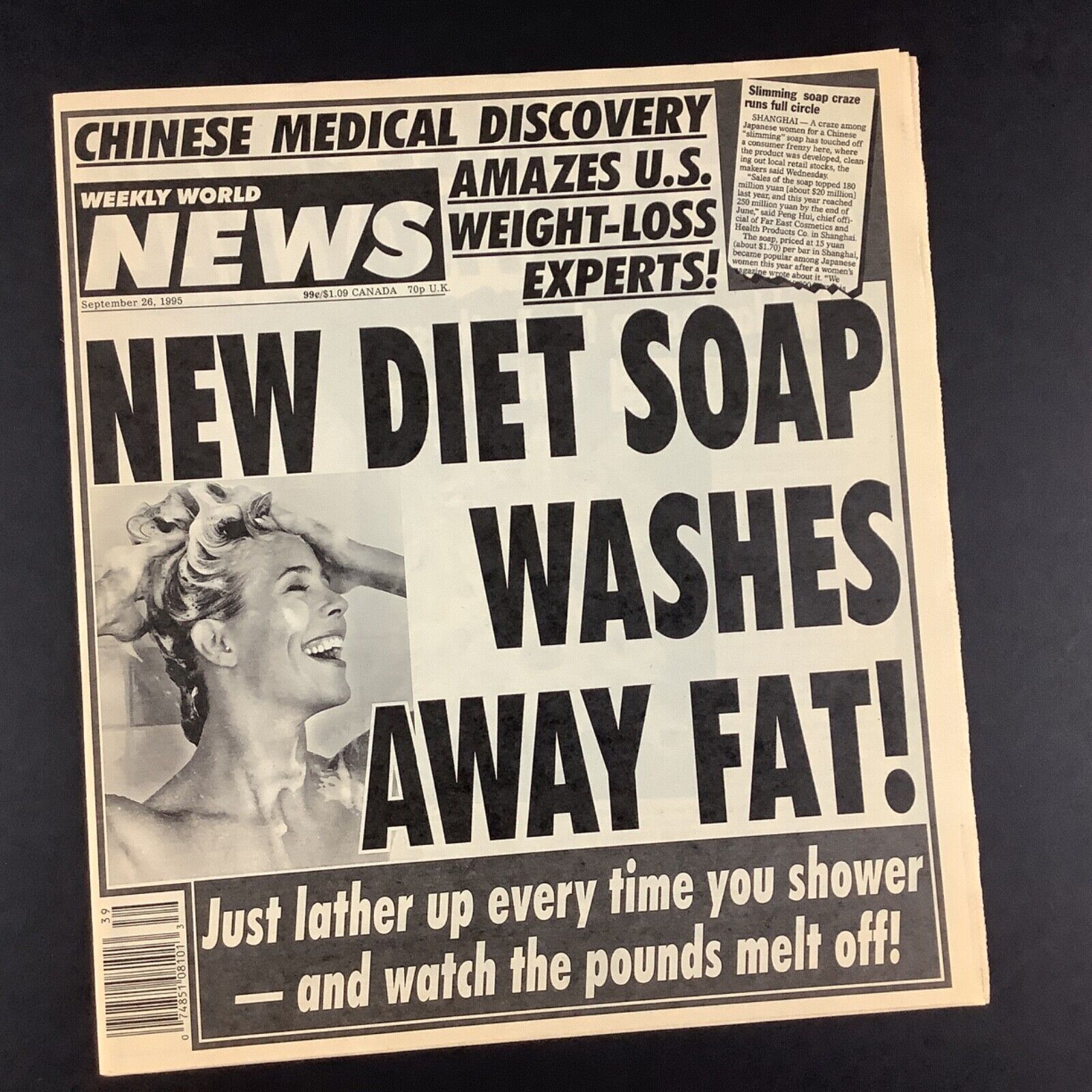 Rare 1995 WEEKLY WORLD NEWS MAG New Diet Soap Washes Away Fat Hitlers Brain