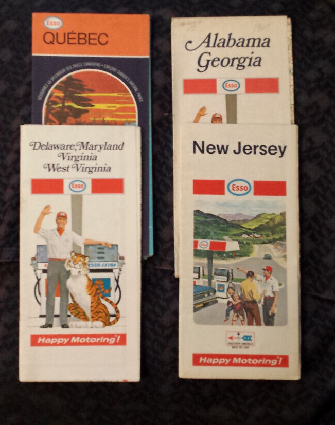Lot of 4 vintage ESSO road maps: New Jersey, Alabama & GA, Quebec, Del Md VI WV