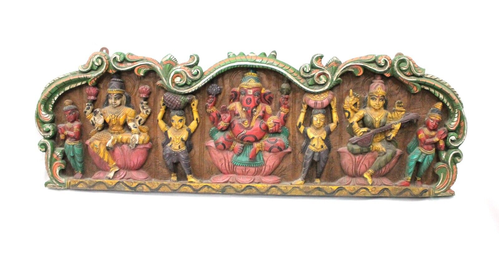 Hand Carved Wooden Sculpture Of Hindu Gods Lakshmi, Ganesha & Saraswati Home Dec