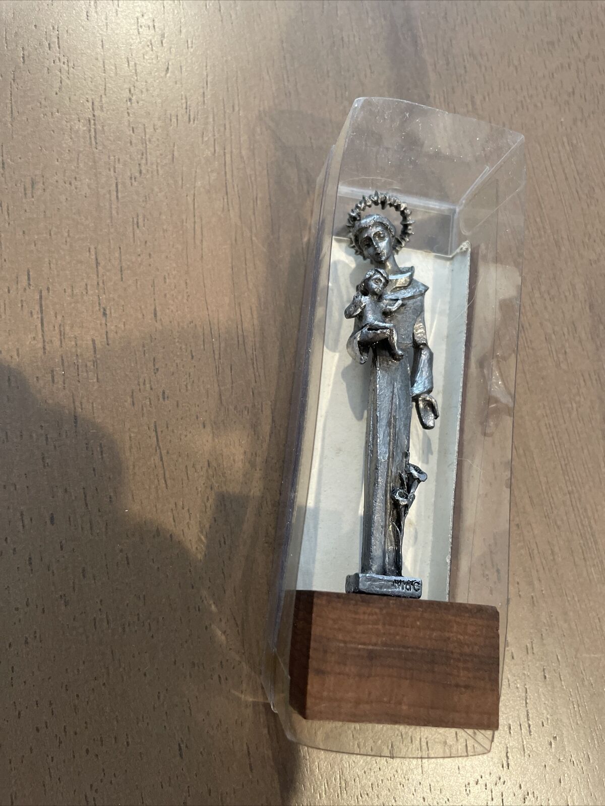 St. Anthony Baby Jesus Metal Pewter Statue On Wood Stand Made In Italy 4” Tall