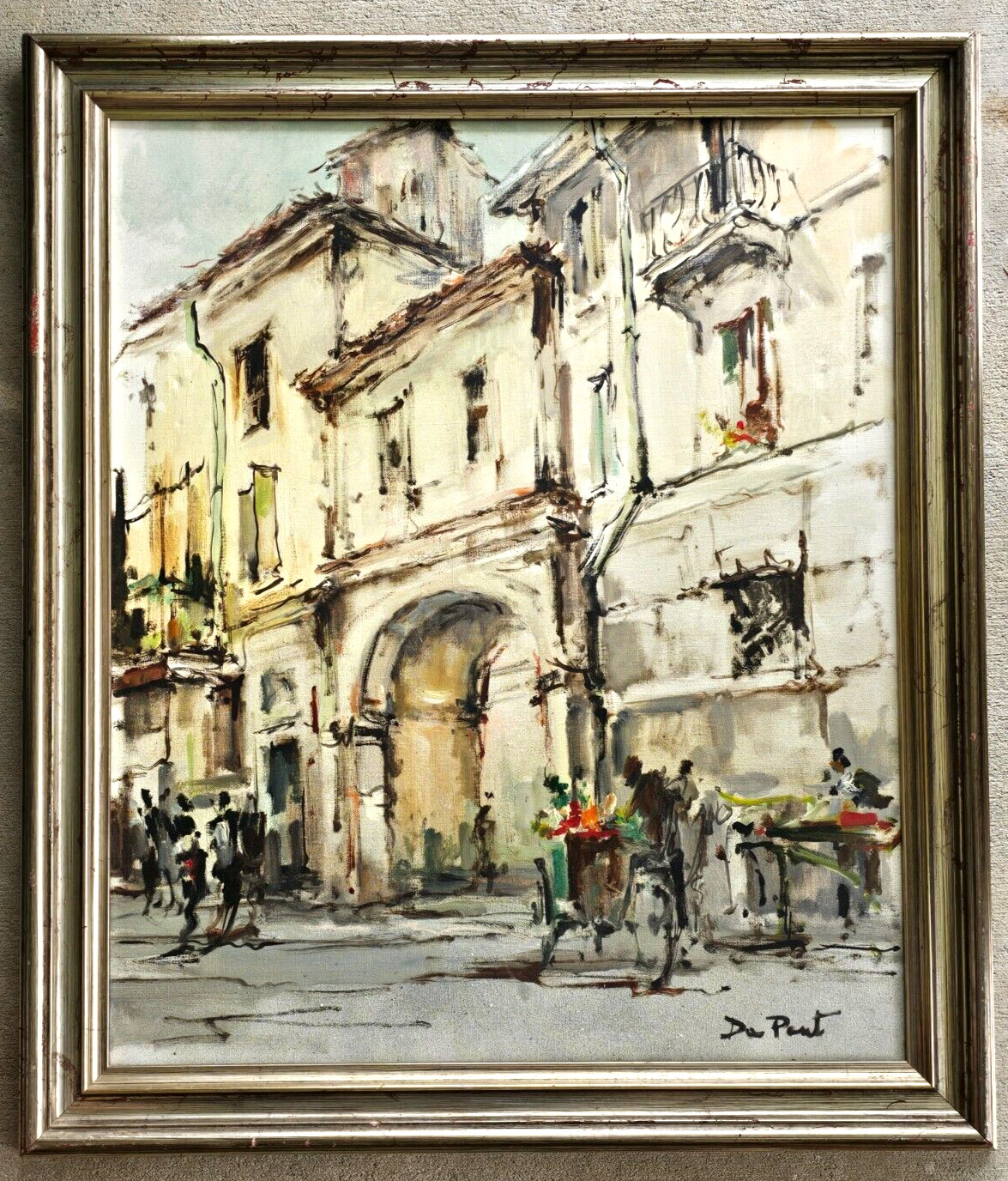 Vintage Original Oil Canvas Painting Figural Italy Parisian Milan Street Scene