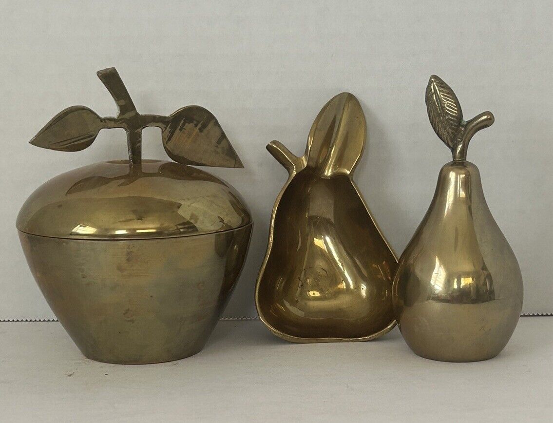 Vintage Brass Apple Dish W/ Lid, Pear Trinket Dish /Ashtray & Pear Bell Set Of 3
