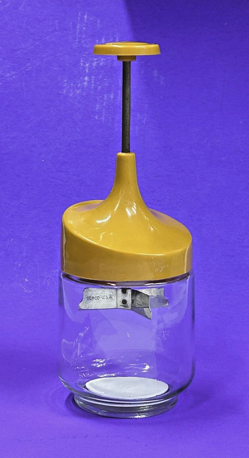 Vintage GEMCO Food Nut Chopper Gold Lid Glass Jar Stainless Steel Blade USA