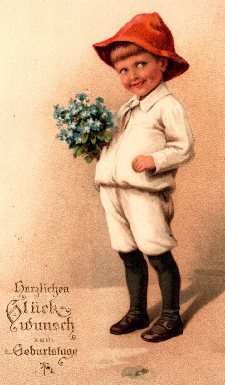 c1921 German Boy Smiling w/ Flowers HAPPY BIRTHDAY ANTIQUE Postcard