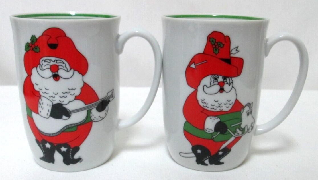 Fitz and Floyd Cowboy Santa Vintage mug cup set 2 porcelain 1970\'s Christmas