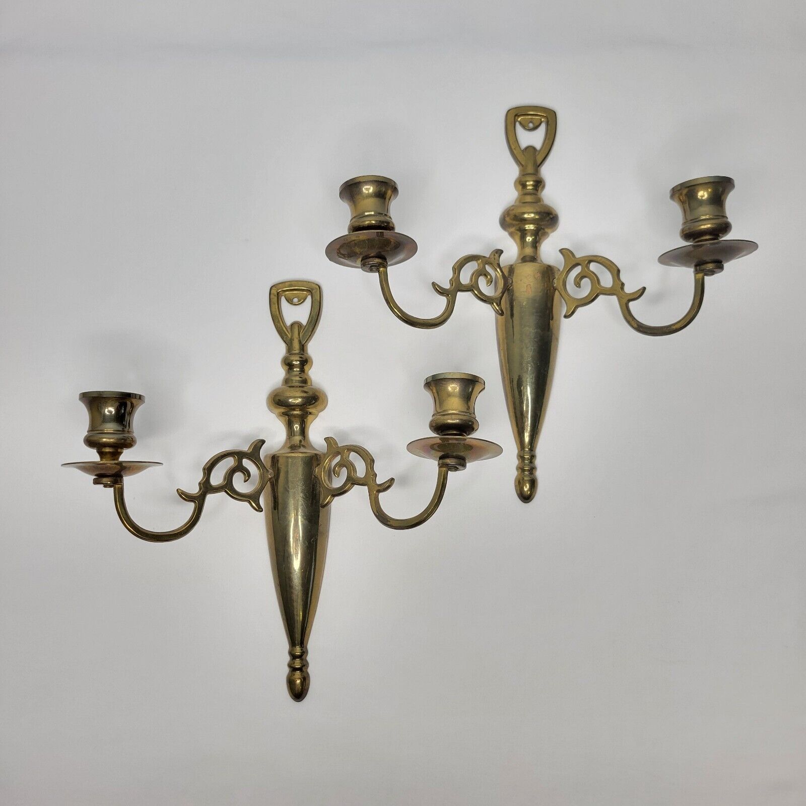 Pair of Vintage Brass Wall Sconces Twin Candlestick Holder Double Arm Candelabra