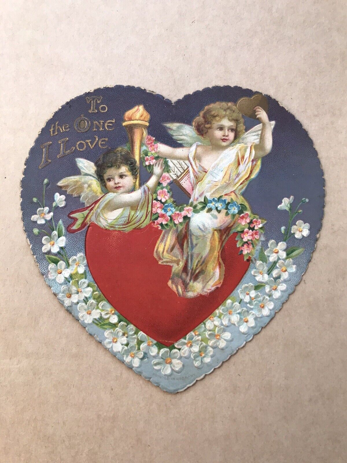 Valentine Card To The One I Love Poem Two Cupids/W Torch Heart Flowers Antique