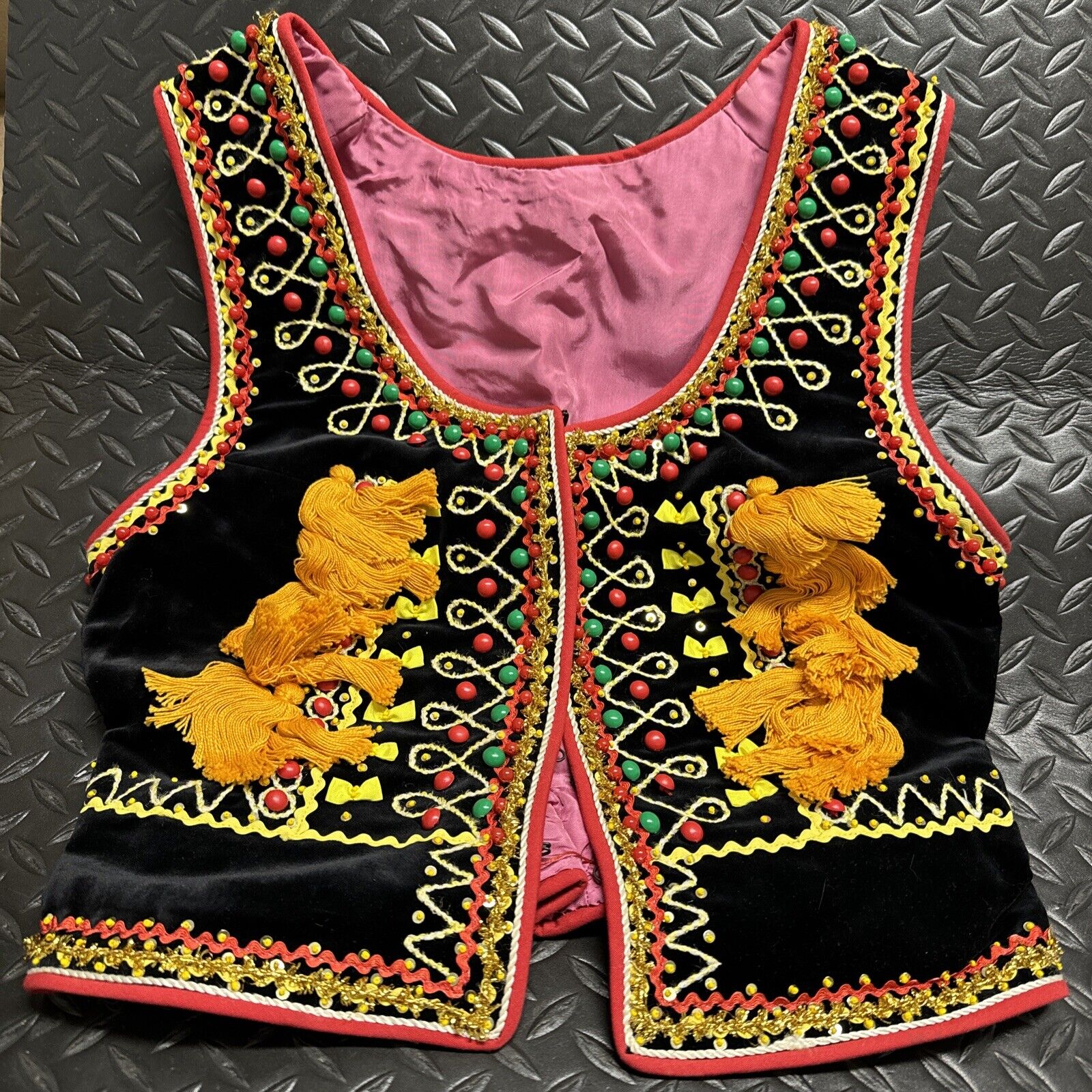 Vintage Polish  Hand Made Velvet Beaded Flowers Folk Costume Vest