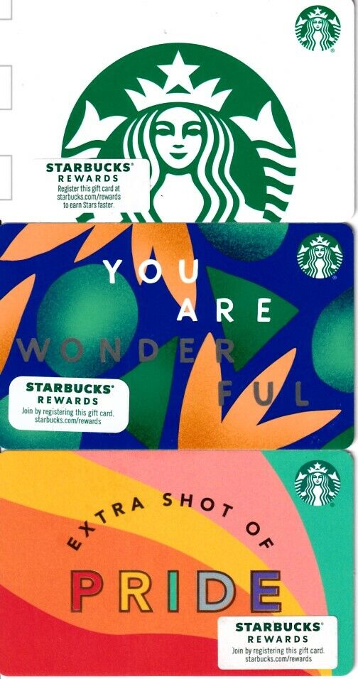 3 Starbucks gift card lot (Extra Shot of Pride & Siren Logo & You Are Wonderful)