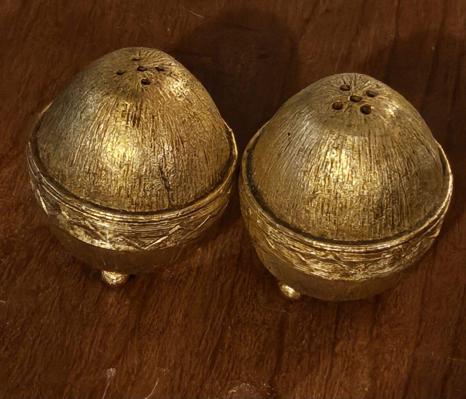Vintage Signed Florenza Gilded Gold eggs acorns nut Salt Pepper Shaker