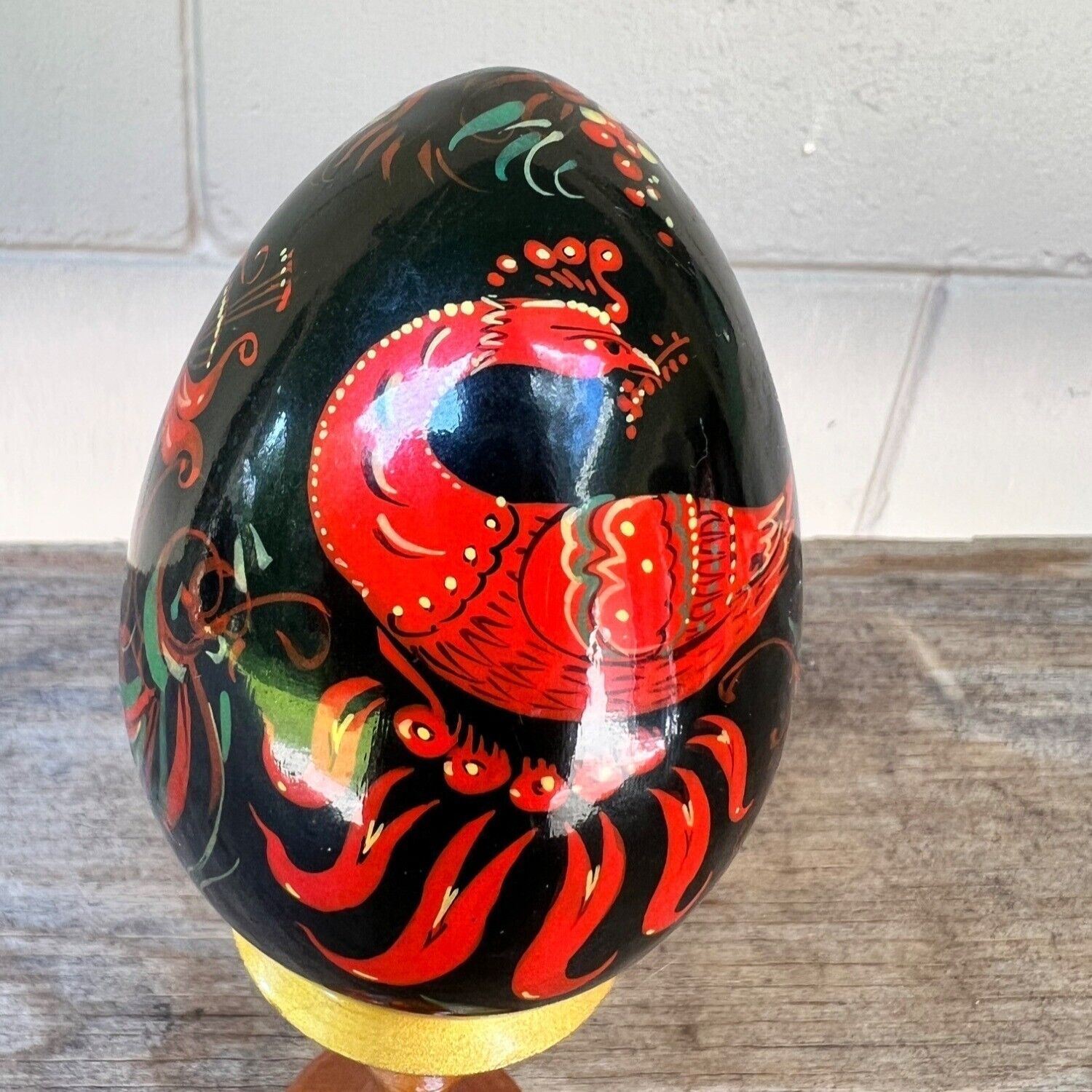 Vintage Russian Hand Painted Lacquer Wooden Egg Bird
