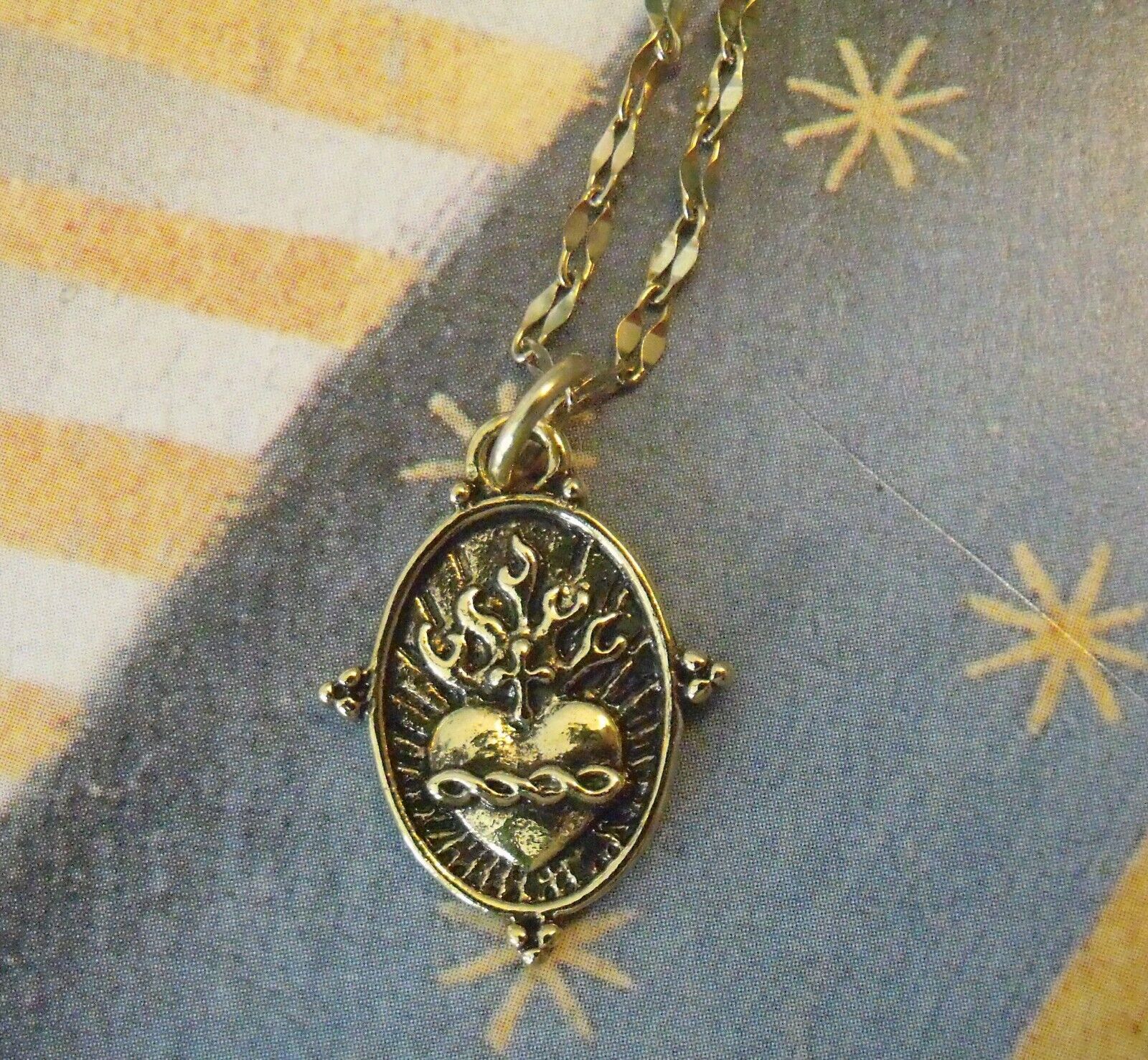 New Immaculate Heart Mary Antique Gold MEDAL NECKLACE 18 inch diamond cut chain