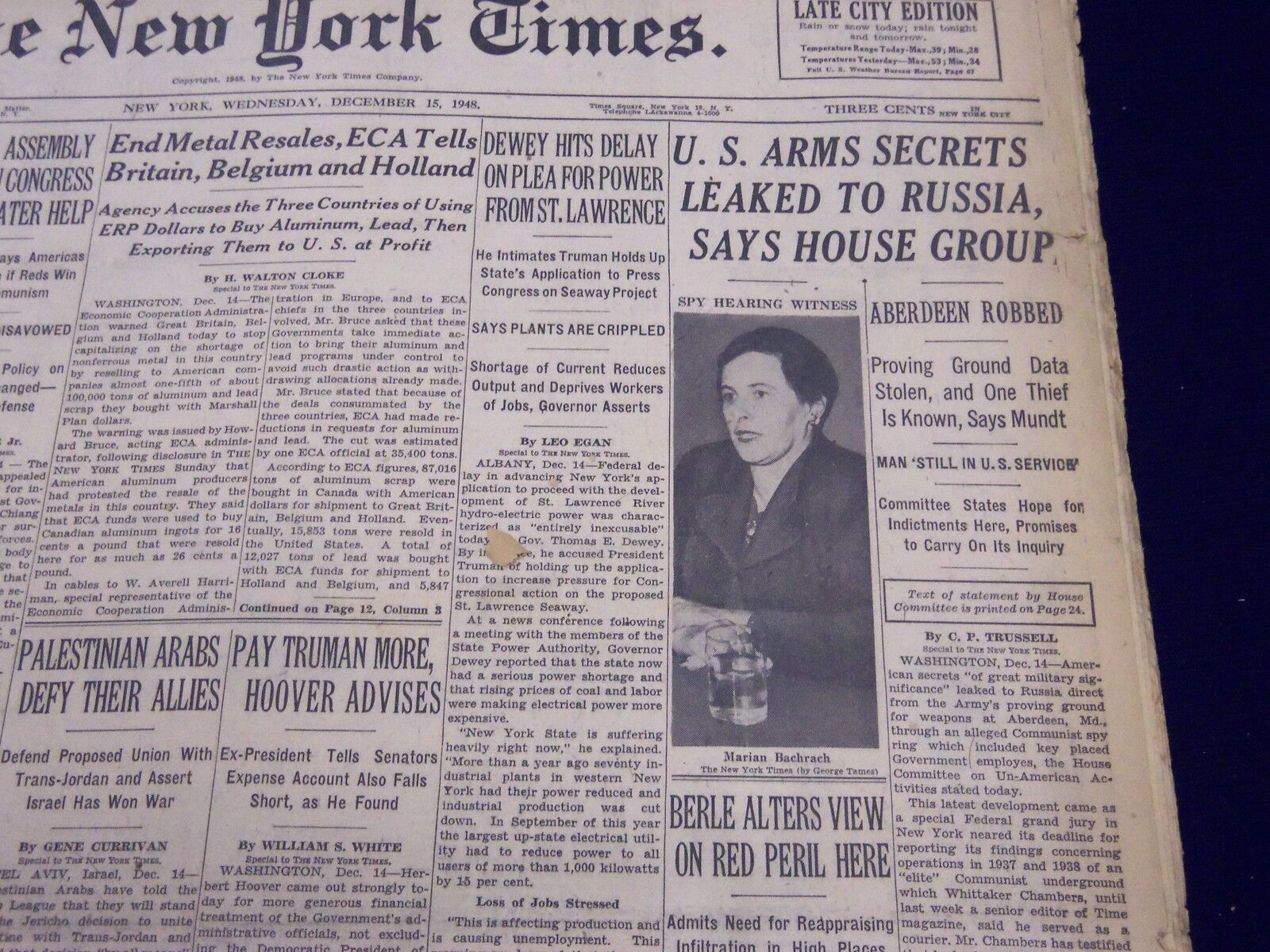 1948 DEC 15 NEW YORK TIMES - U. S. ARMS SECRETS LEAKED TO RUSSIA - NT 130