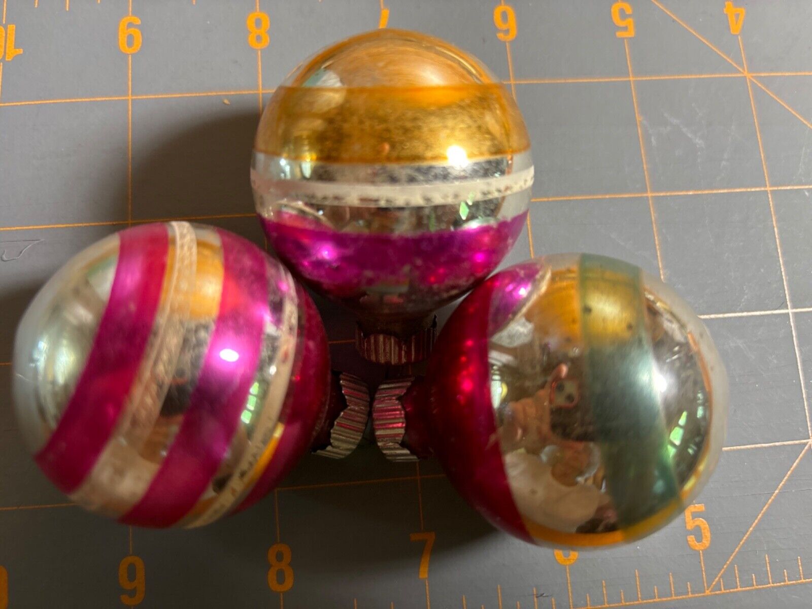 lot of 3 vintage 50\'s Shiny Brite Christmas Ornaments striped balls