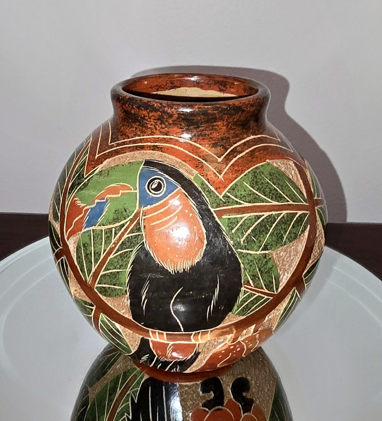 Toucan Bird Design Vintage Nicaraguan Redware Terra Cotta Vase 3D Inca Pottery