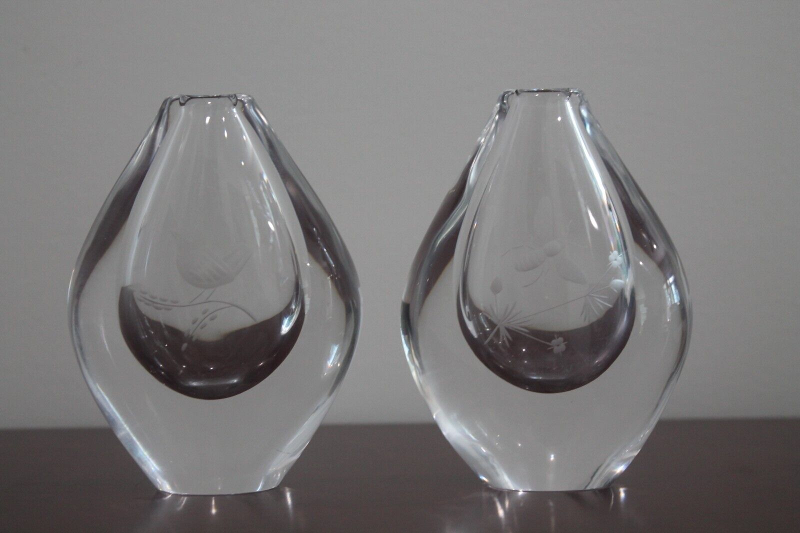Pair (2) Orrefors Crystal Bud Vases Vintage Art Glass Sweden Etched Bird & Bee