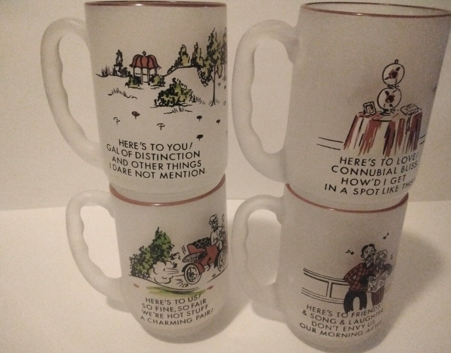 Set of 4 Vtg Frosted Mug Hand Painted Novelty Mug Cup Victorian Couple “Charming