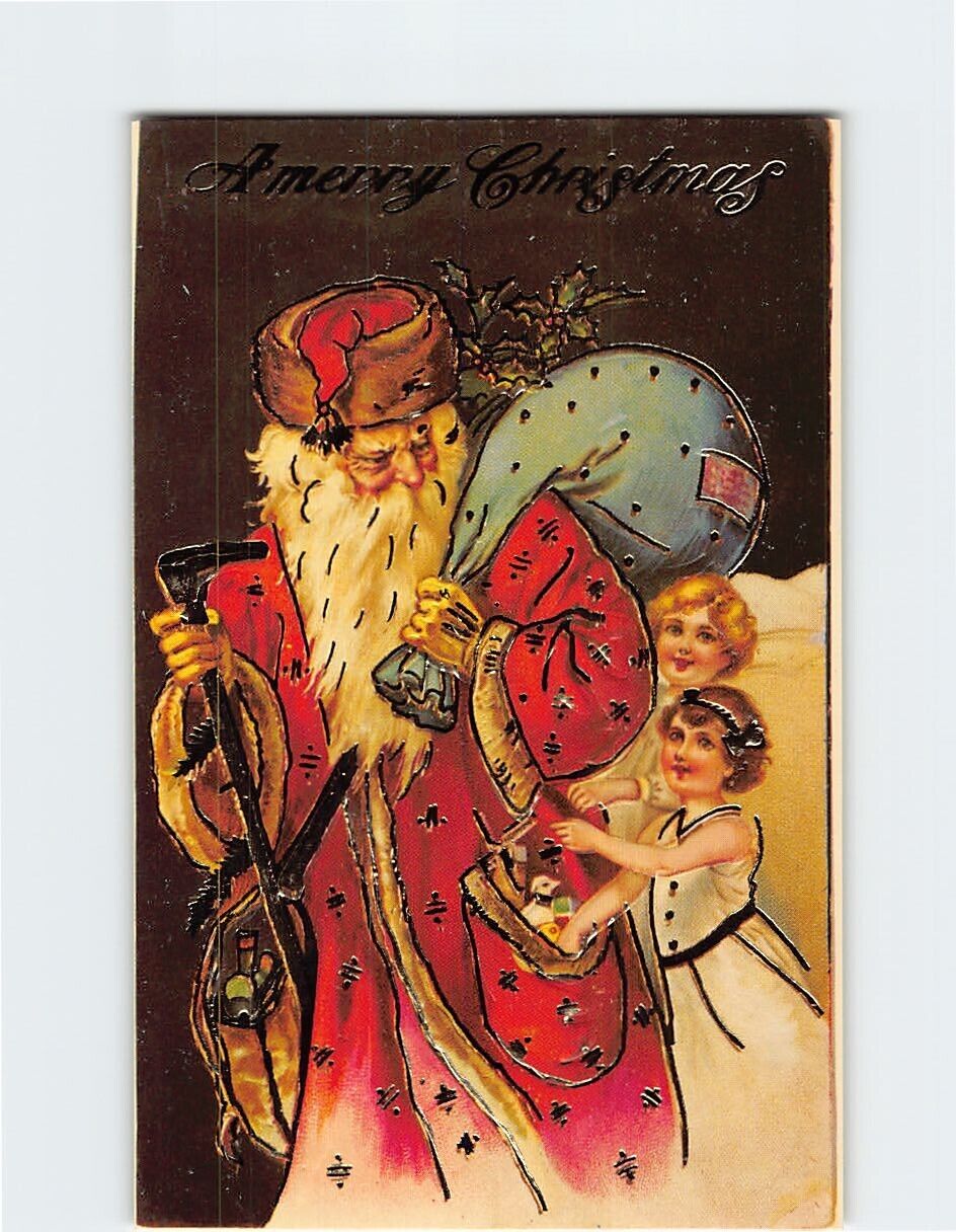 Postcard Santa and Angels Art Print Greeting Card A Merry Christmas