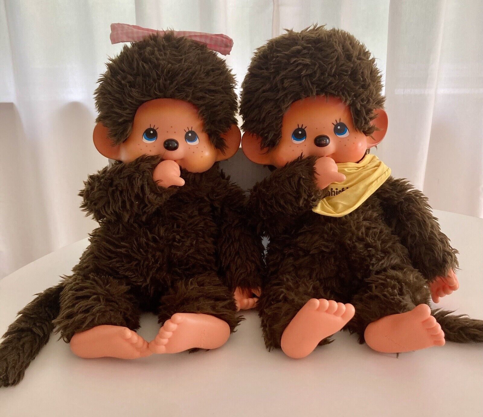 Vintage 1974 MONCHHICHI Boy & Girl Monkey 2 Large Dolls Plush Japan Sekiguchi