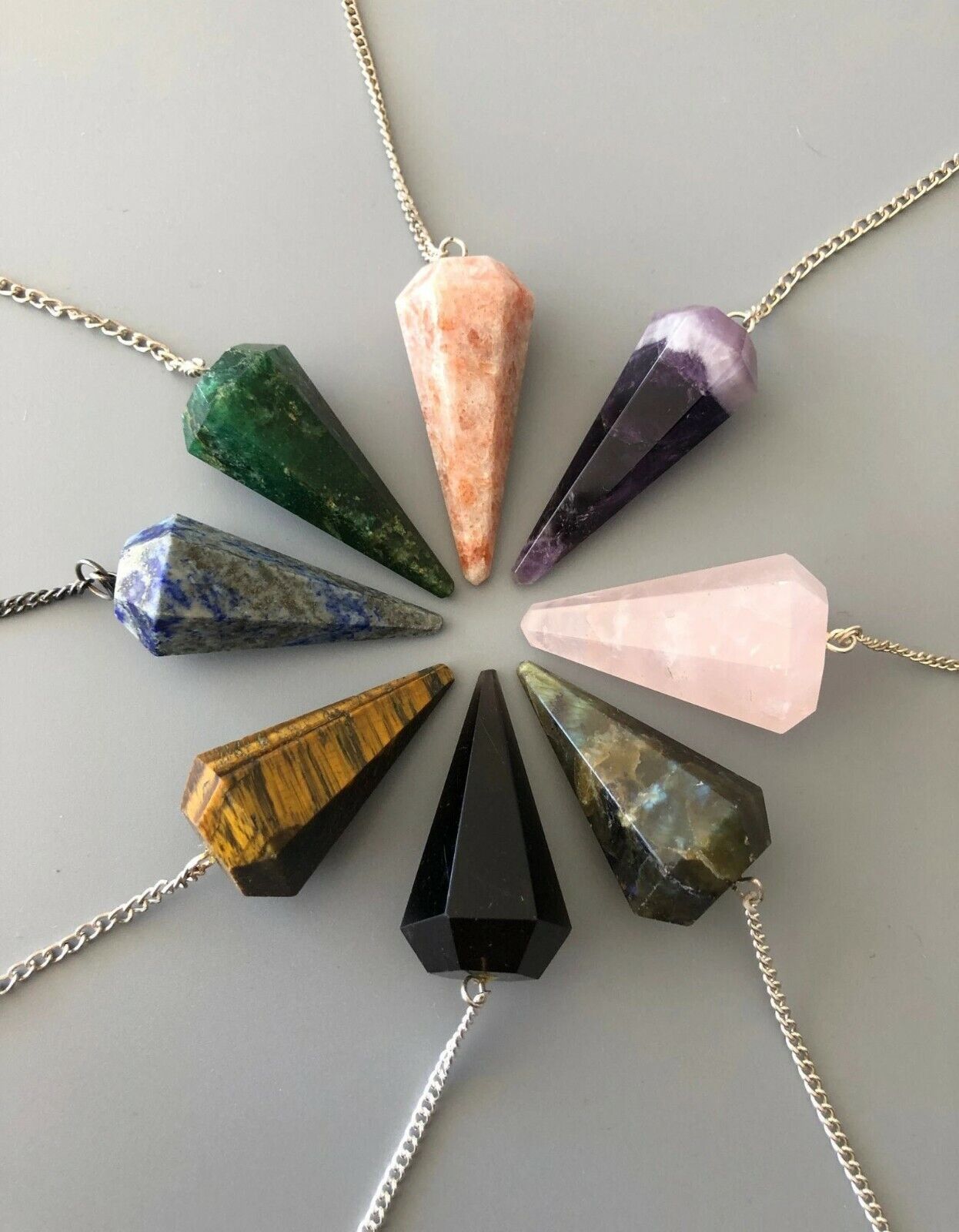 NATURAL Metaphysical Crystal Pendulum w/ beautiful chain, and beautiful colors.
