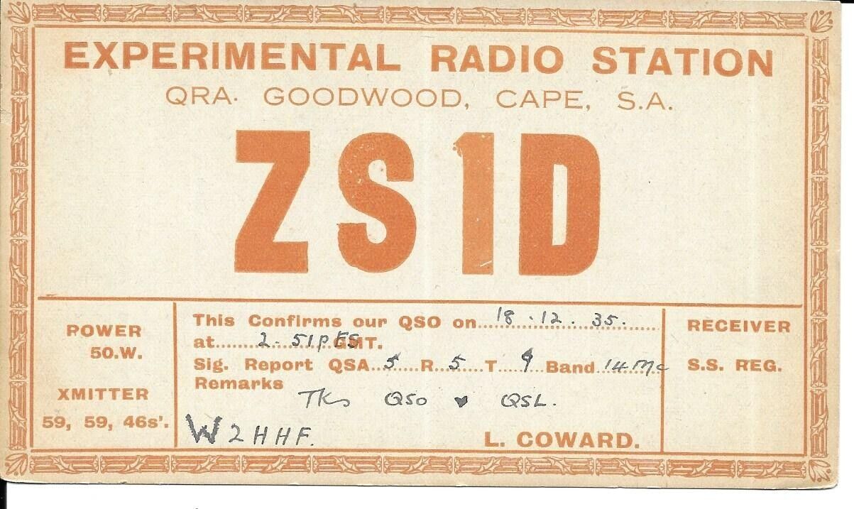 QSL 1935 South Africa  radio card