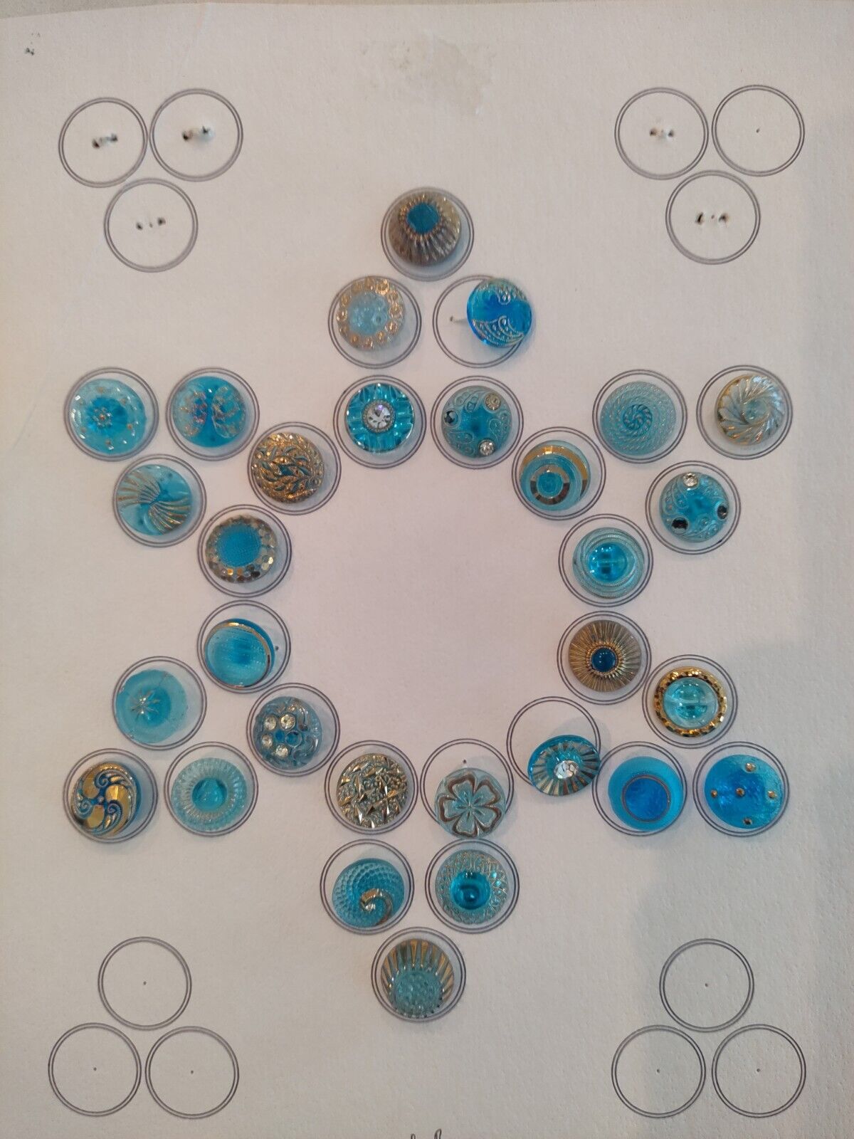 30 AQUA Blue Aquamarine 18mm Glass Buttons - most have Gold Trim