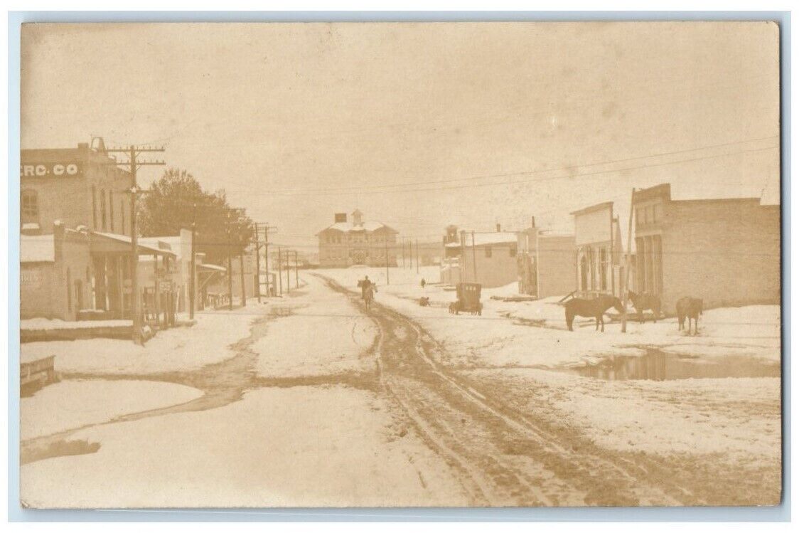 c1910 Main Street Snow Winter Horse Business Musselshell MT RPPC Photo Postcard