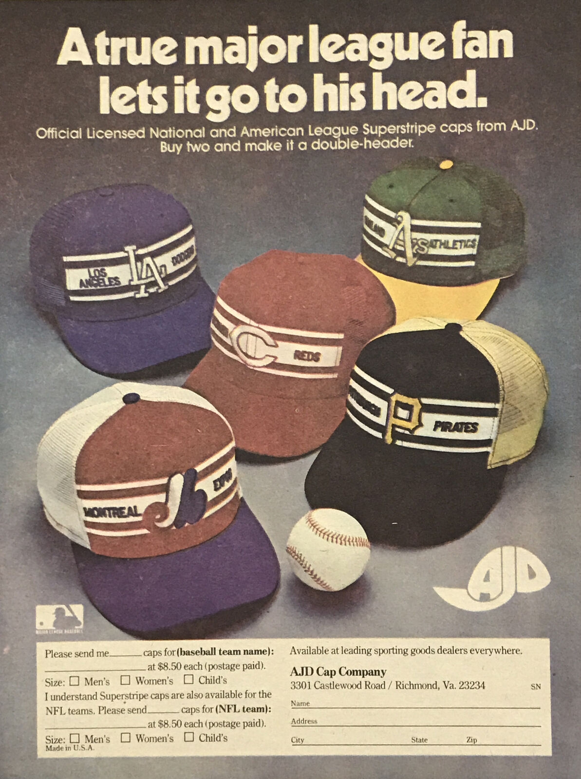 Vintage 1977 AJD MLB Hats - Color Newsprint Ad Superstripe Baseball Teams 7”x10”