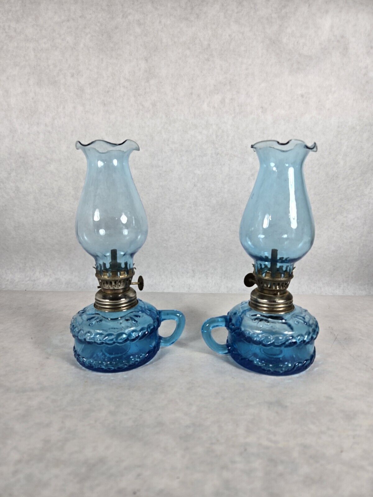 Pair 2 Vintage Blue Finger Hurricane Oil Lamp With Globe Hong Kong 7.5