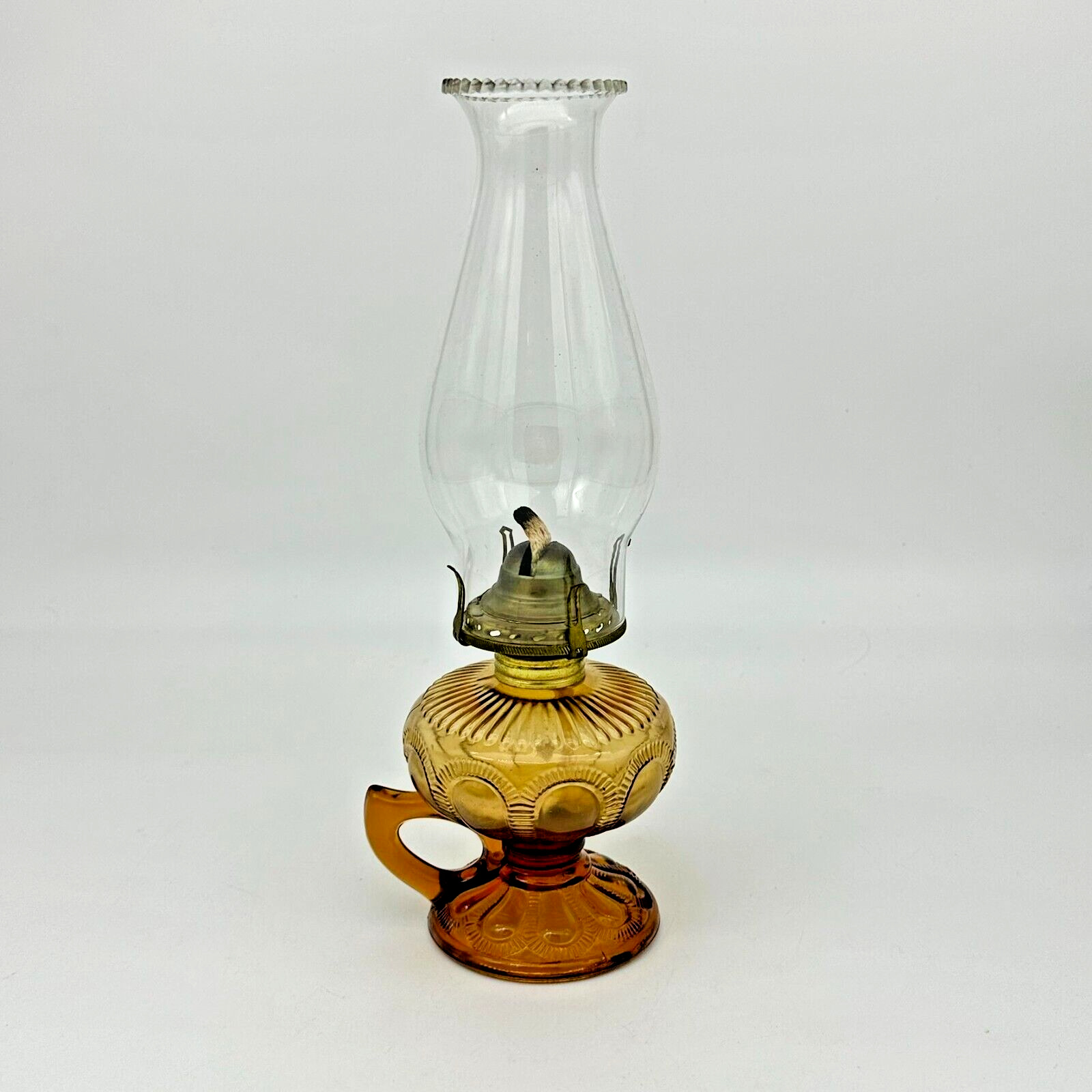 Antique Imperial Amber Glass Zipper Loop Finger Lamp COMPLETE Burner Shade Wick