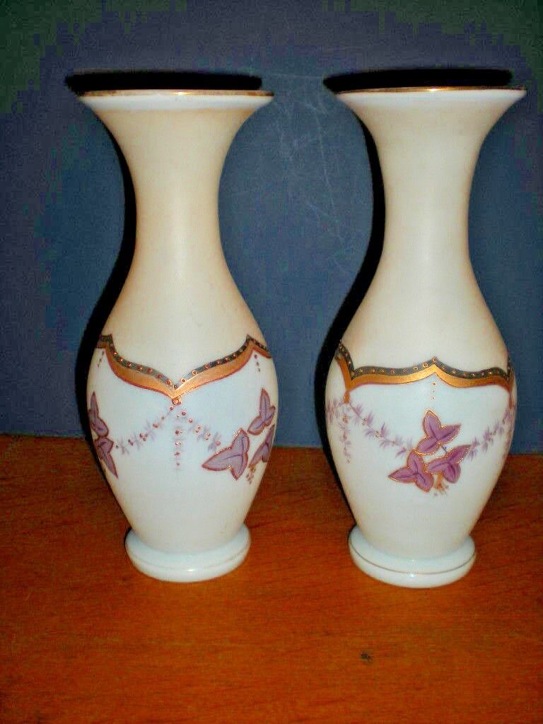 Antique Pair of Vases Hand Blown & Painted Milk Glass Pontil Scar Ivy Leaf Gold