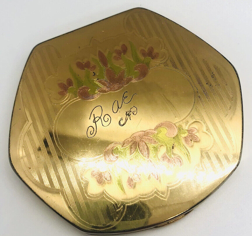 Beautiful Vintage Engraved “RAE” Make Up Powder Compact Rose & Green Gold Plated