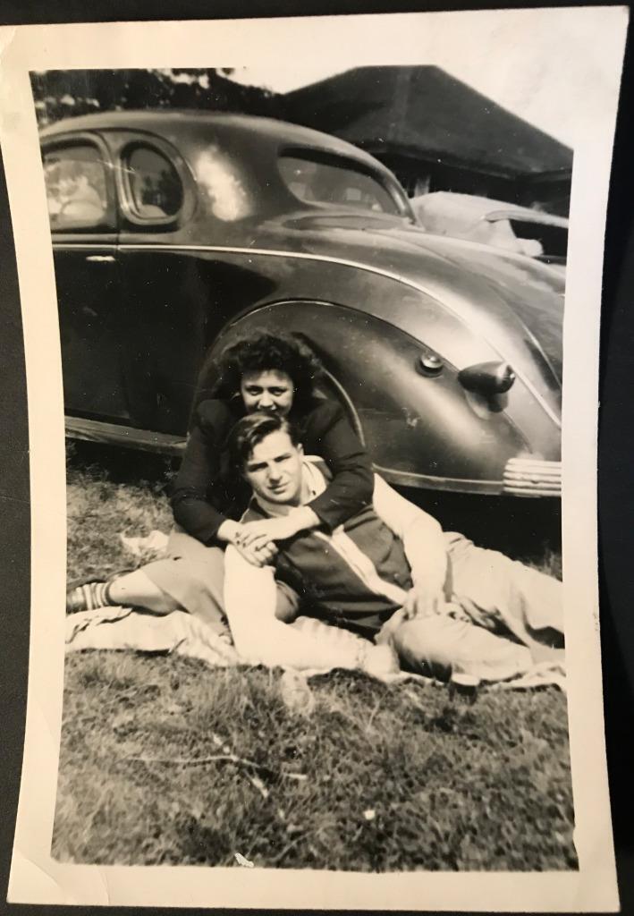 Vintage photo Young Couple Cozy by Old Coupe Car