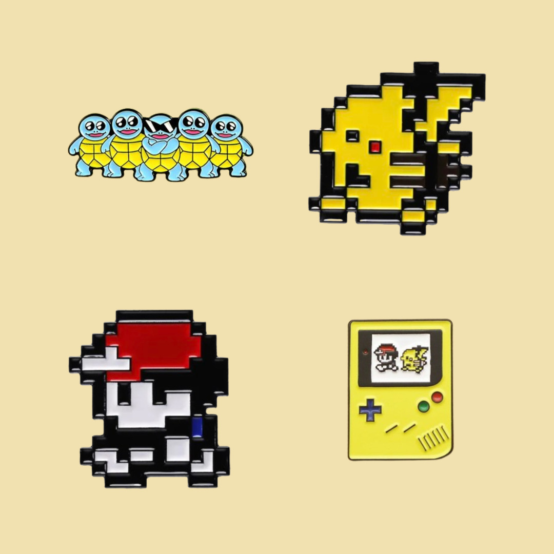 Pokemon 4pc Enamel Set, Pikachu, Squirtle Squad, Ash, & Gameboy Pin Bundle Set