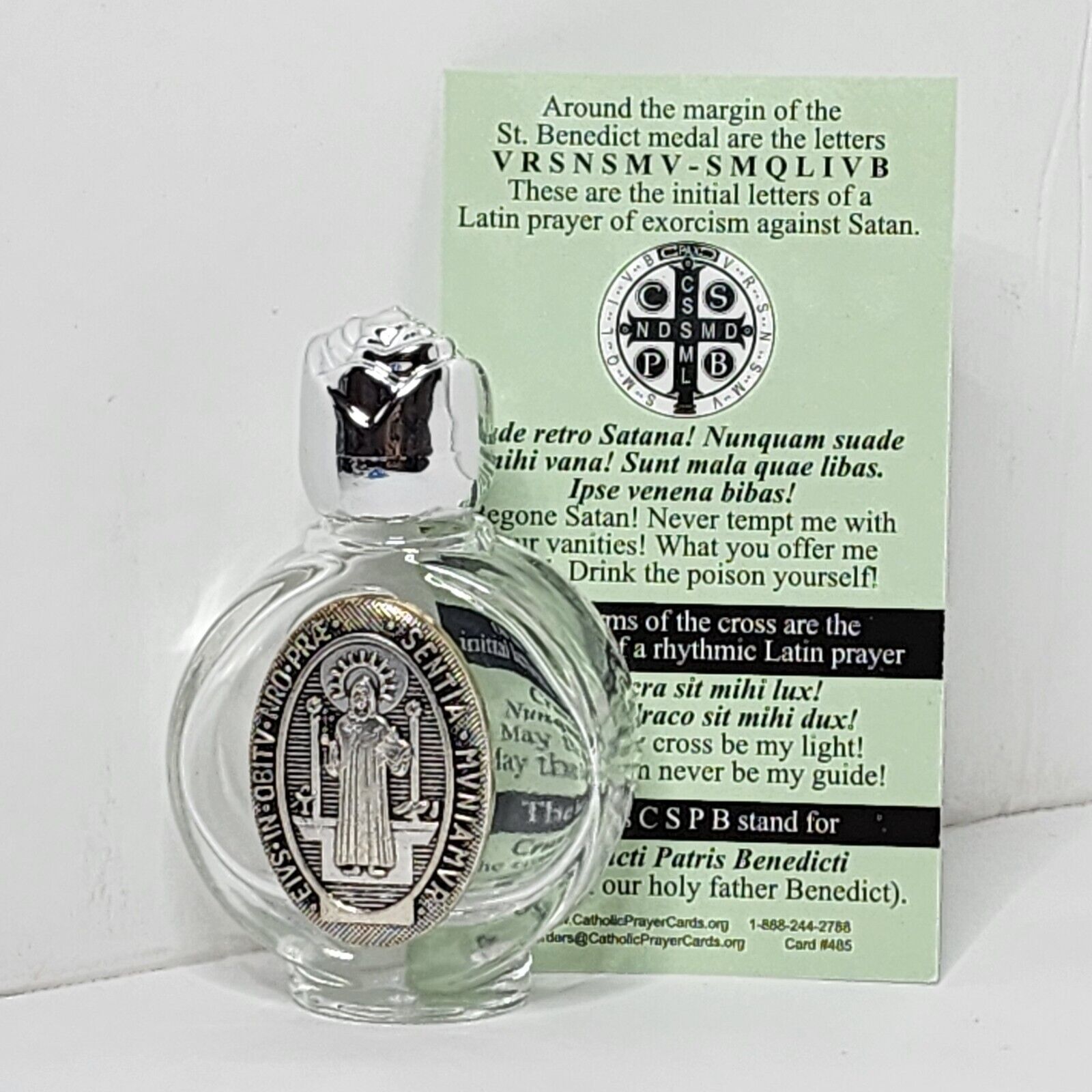 Saint Benedict Glass Holy Water Bottle with Card Silver
