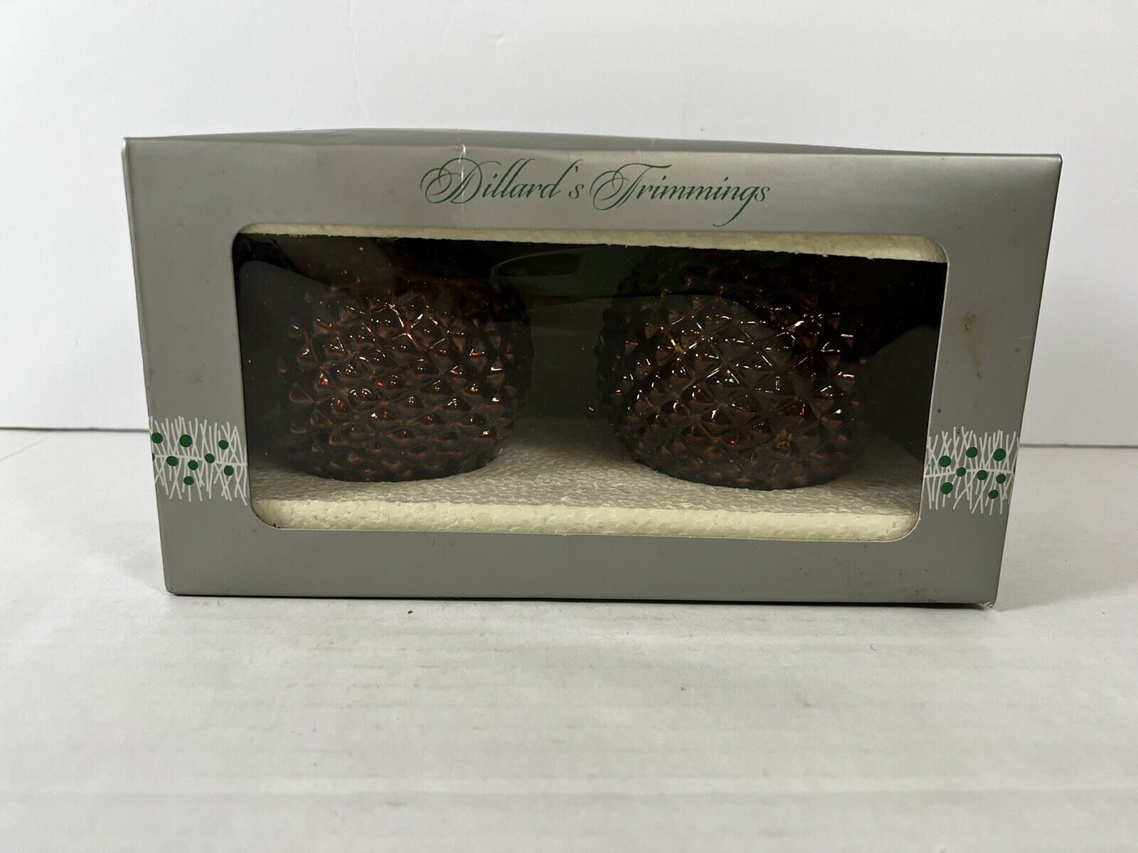 DILLARDS Trimmings 2 PC Pine Cone Inspired Christmas Ornaments-NEW w/Open Box