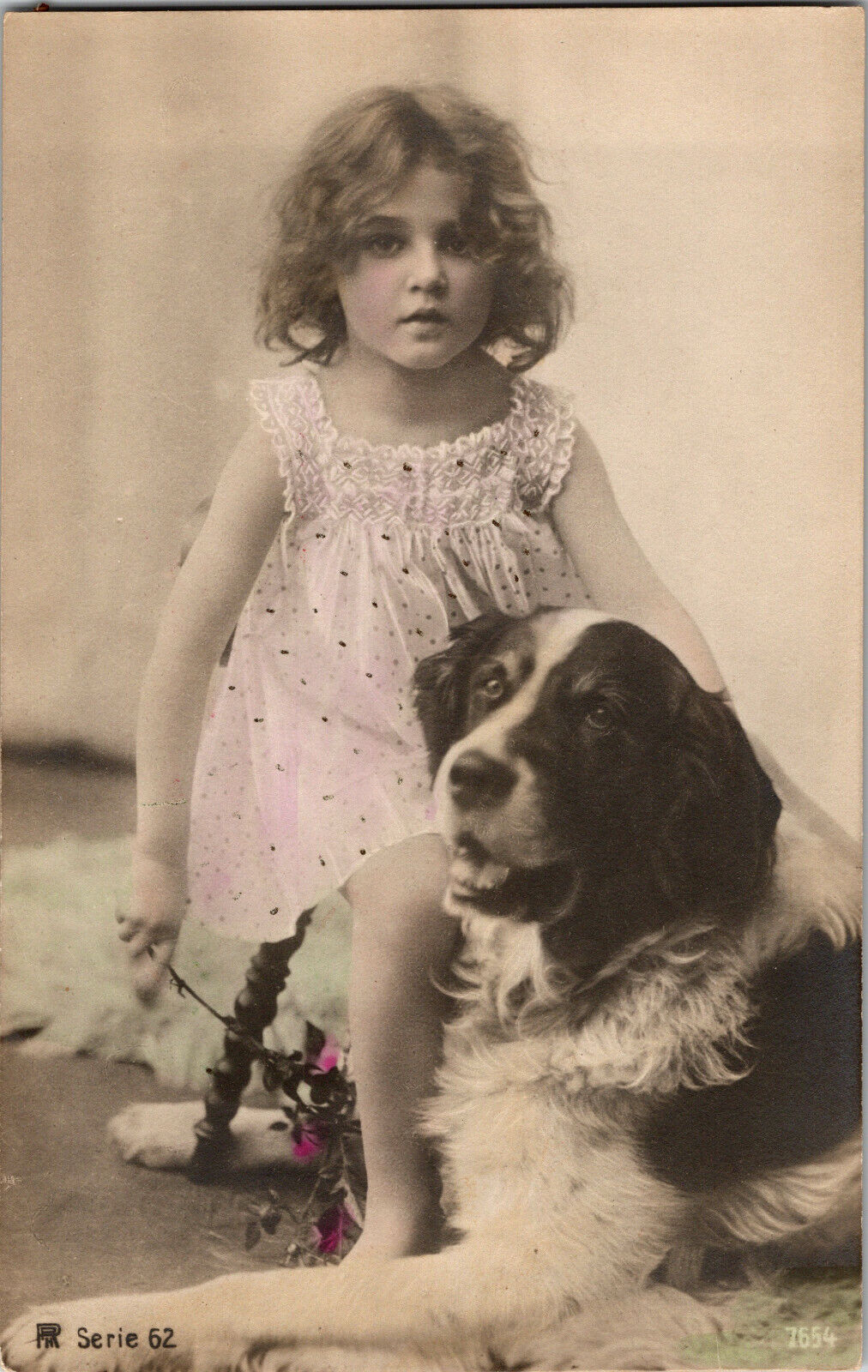 Antique Dog Postcard Beautiful Little Girl with Dog - Hand Tinted - PM Serie 62
