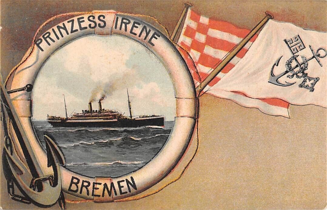 SS PRINZESS IRENE AT SEA ~ NORD-DEUTSCHER LLOYD SHIP LINE, FLAGS, used 1911