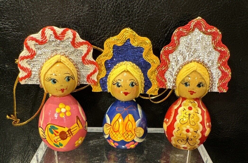 VTG Russian Hand Painted Dolls W/Kokoshnik Wood Ornaments Set Of 3 Christmas