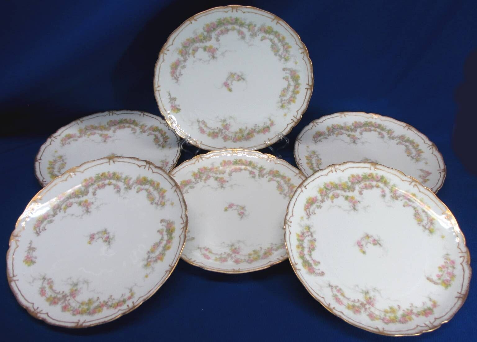SET OF 6 HAVILAND LIMOGES PINK, YELLOW, & GREEN W/ HEAVY GOLD 8.75\