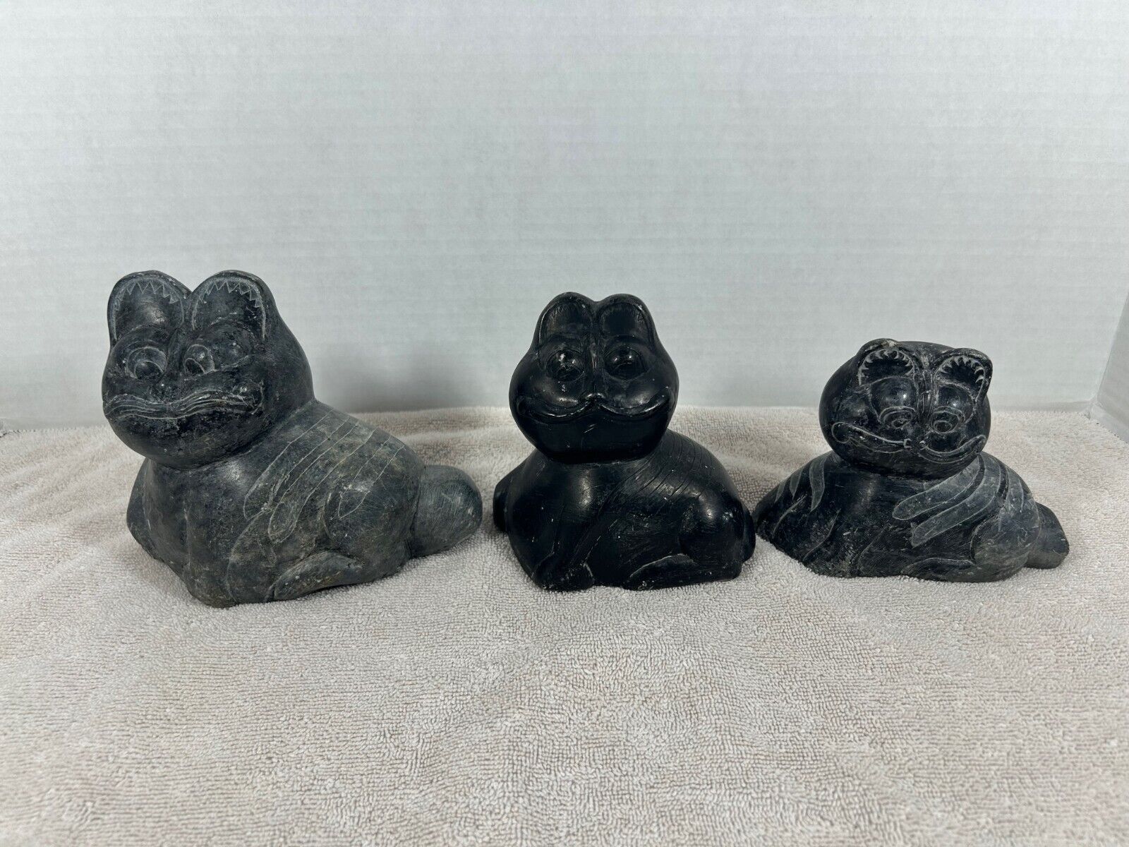 Set of 3, Hand Carved Indian Soapstone Cat Sculptures, Resembling \