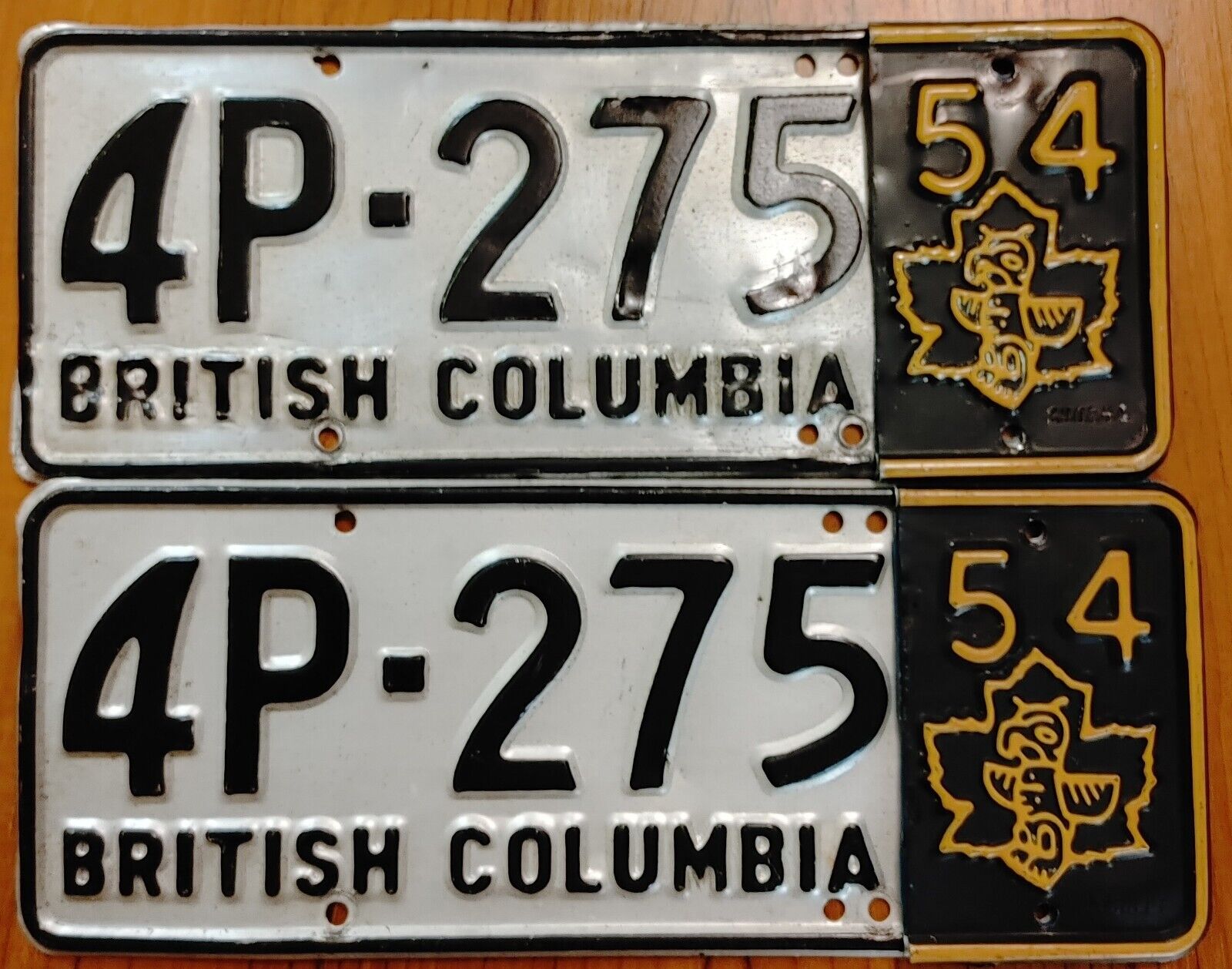 **1954  BRITISH COLUMBIA COMMERCIAL License Plate PAIR**  #4P-275  Excellent