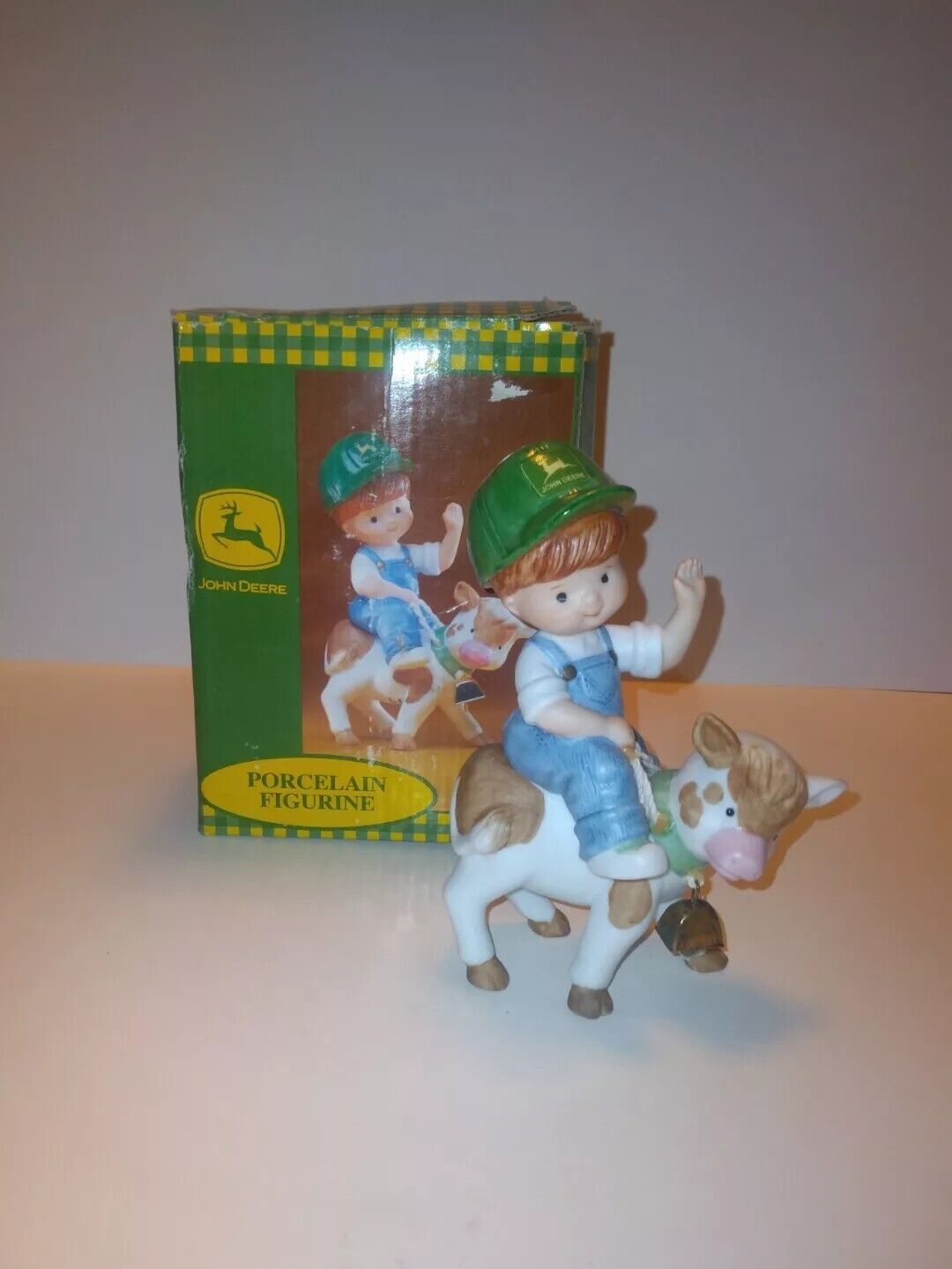 Vintage John Deere Moo-vin Right Along Porcelain Boy & Cow Figurine Boxed