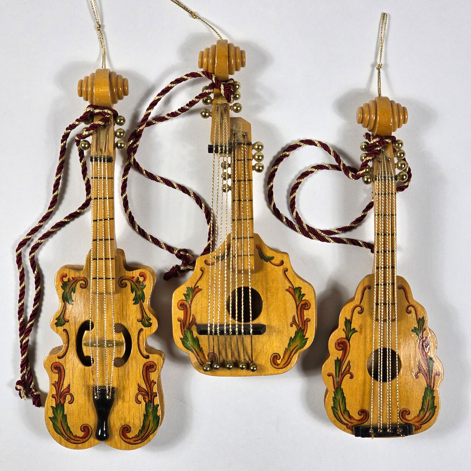Set of 3 Kurt Adler Ornaments, Real Wood Stringed Instruments Music Hand Crafted