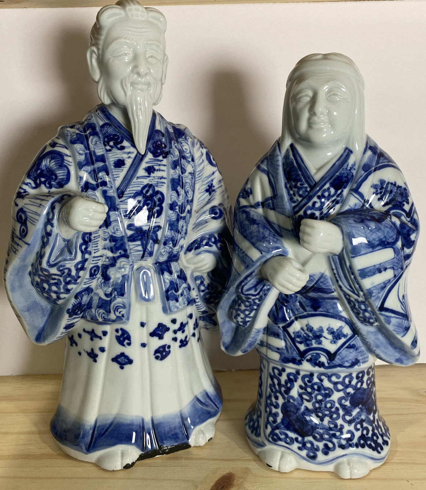 Vintage Pair of Asian Kutani Jurojin Figurines:  12” Male, 10.5” Female