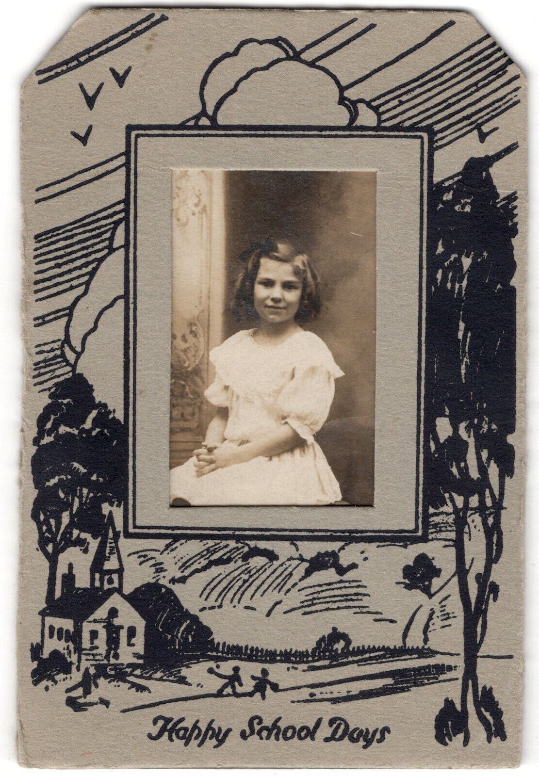 CIRCA 1900s CDV LITTLE SCHOOL GIRL IN WHITE DRESS HAPPY SCHOOL DAYS COVER