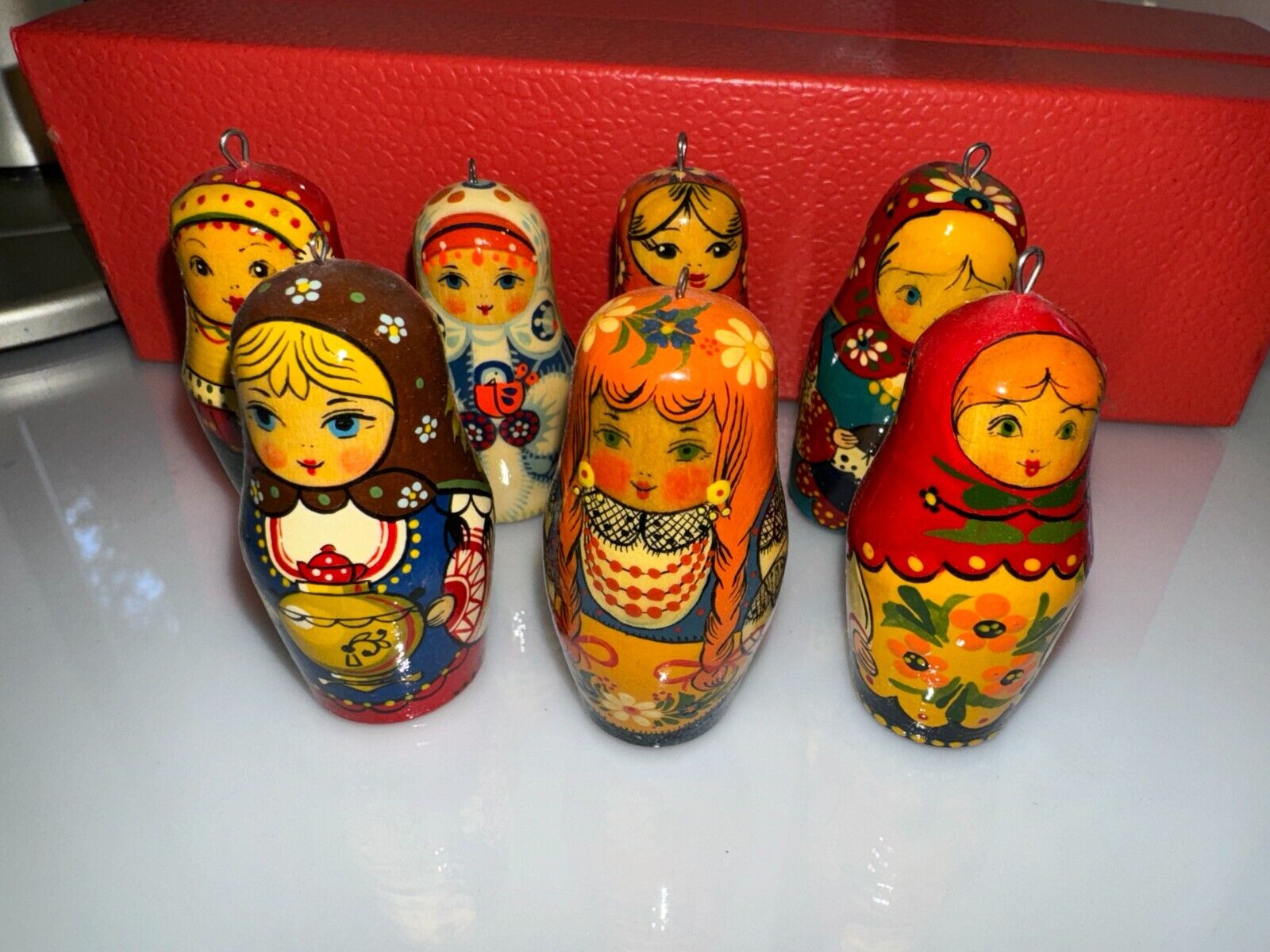 Set -7 Vintage Hand Painted Russian Mini Doll Ornaments /+ Orig. Gift Box